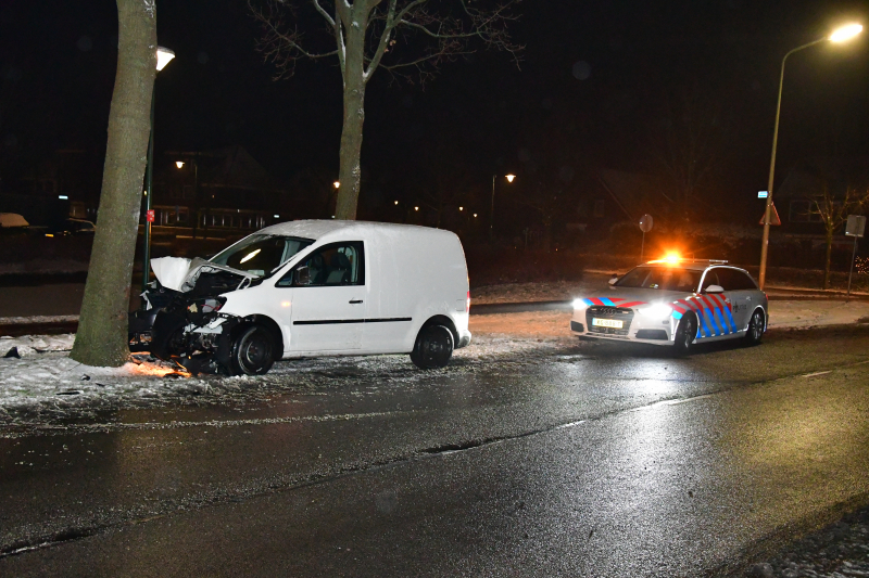 Bestelauto knalt op boom