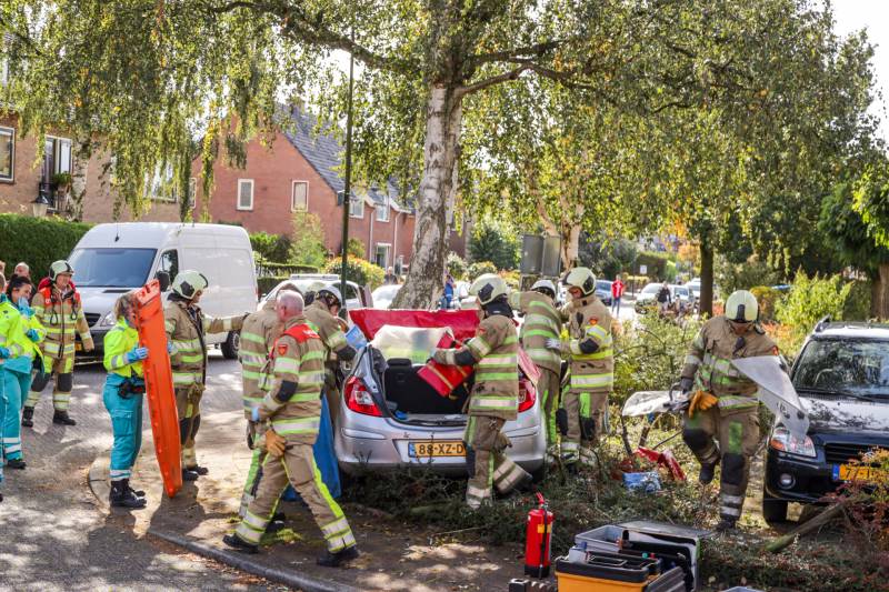 Automobiliste crasht tegen boom, brandweer knipt dak eraf