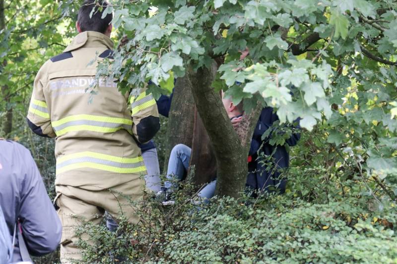 Jongen vast met been in boom