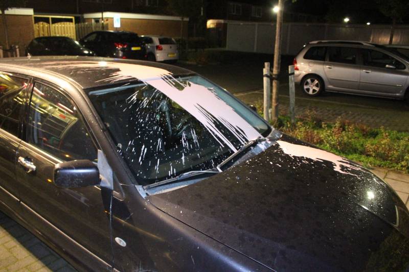 Auto met vloeistof besmeurd, schutting in brand gestoken