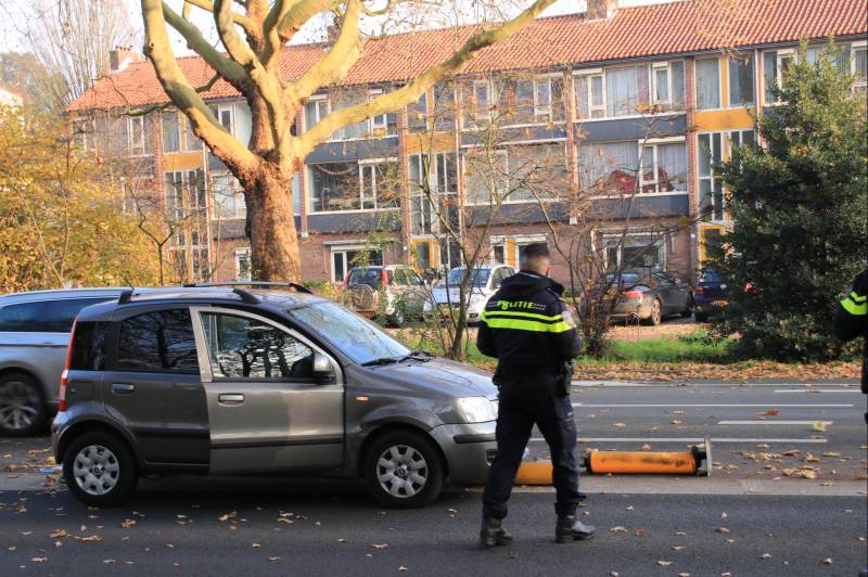 Verkeersborden tegen de vlakte, bestuurster met de schrik vrij