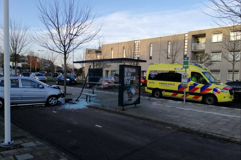 Bestuurster rijdt vanuit parkeervak bushokje aan diggelen
