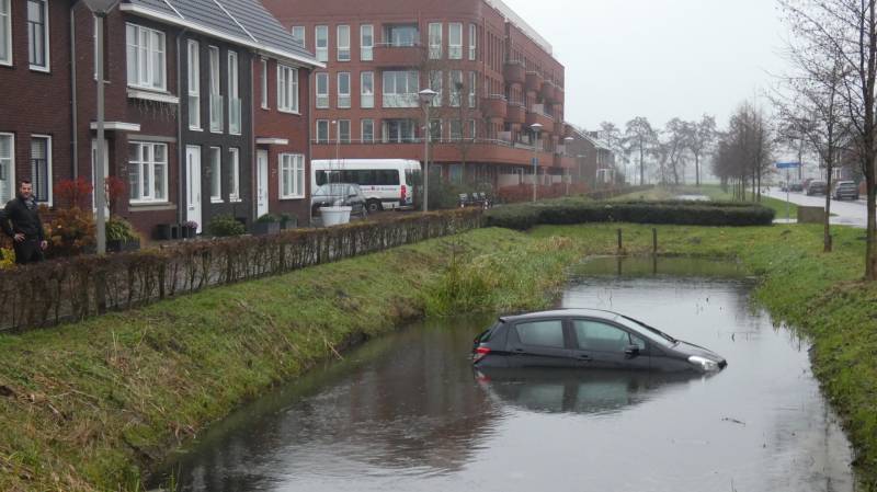 Auto achteruit de sloot in