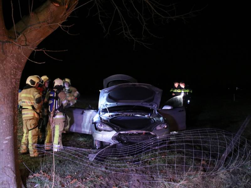 Tesla vliegt uit de bocht en beland in weiland