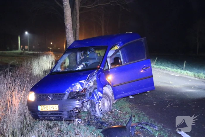Bestelbus flink beschadigd na eenzijdige botsing tegen boom