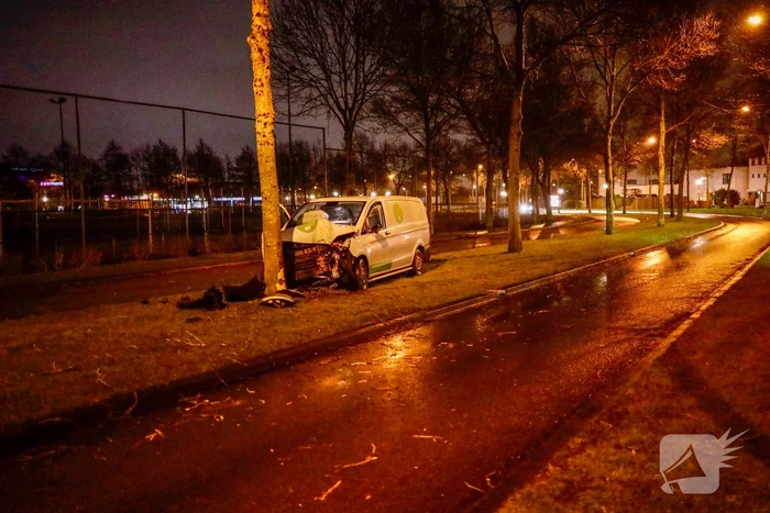 Bestelbus botst frontaal op boom