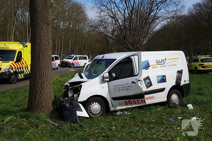 Bestelbus raakt van de weg en belandt tegen een boom