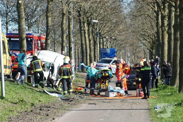Bestelbus crasht frontaal tegen boom