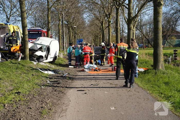 Bestelbus crasht frontaal tegen boom