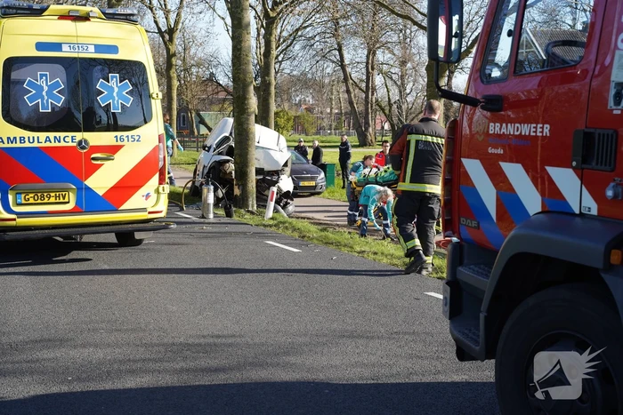 Bestelbus crasht frontaal tegen boom