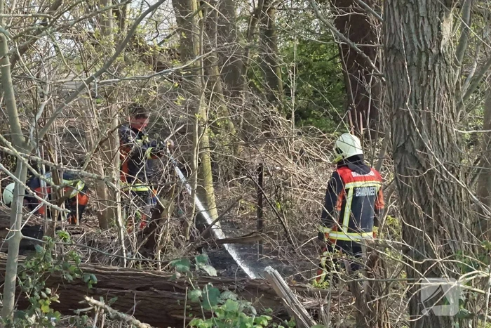 Bosschage langs rivier de Lek in brand