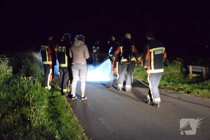 Brandweer blust brandend asfalt