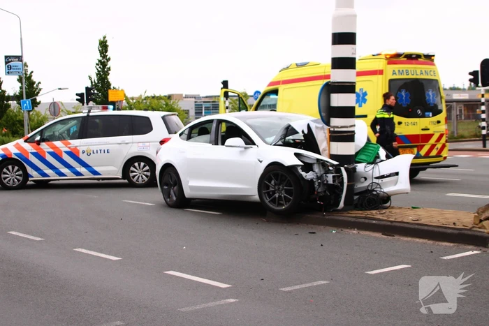 Tesla flink in de kreukels na botsing met paal