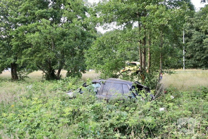Auto crasht tussen bomen door