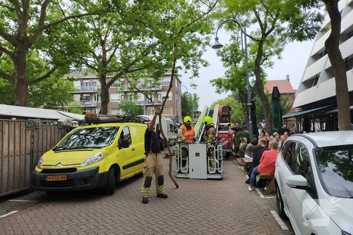 Gevaarlijke hangende takken verwijderd boven marktkraam