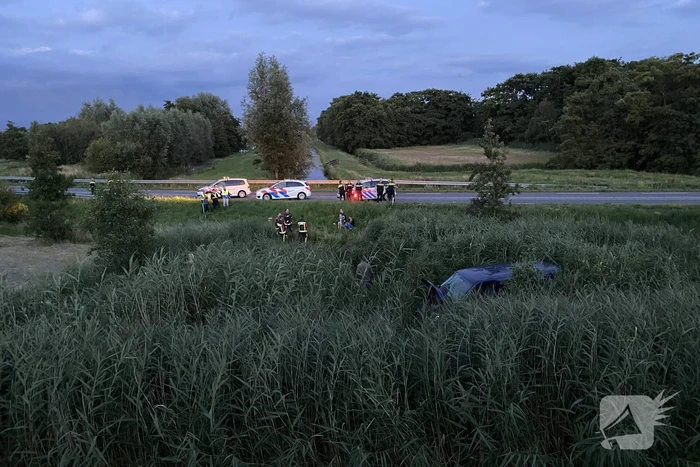 Bestelbus vliegt over de vangrail belandt in riet