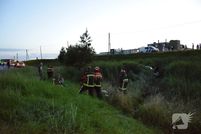 Bestelbus vliegt over de vangrail belandt in riet