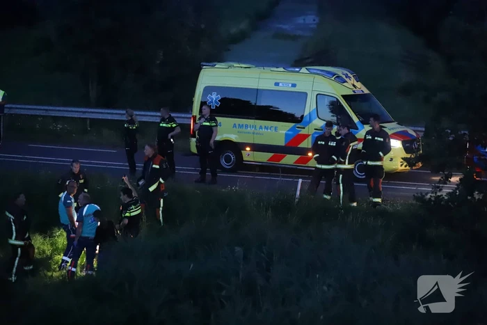 Bestelbus vliegt over de vangrail belandt in riet