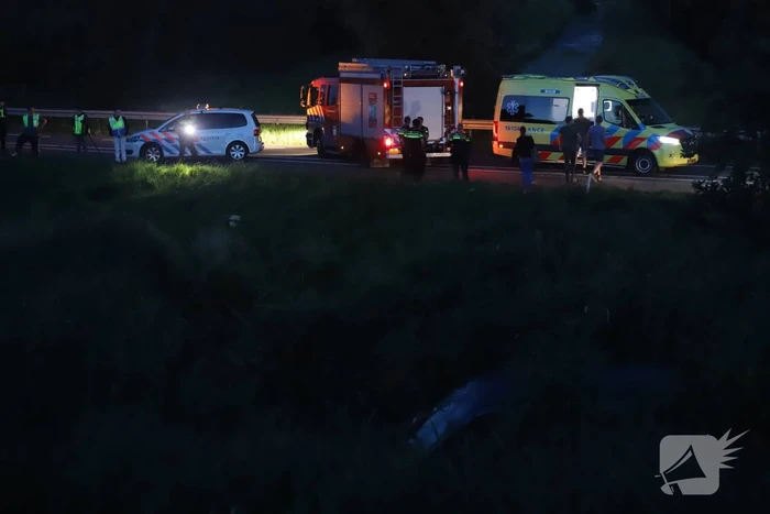 Bestelbus vliegt over de vangrail belandt in riet