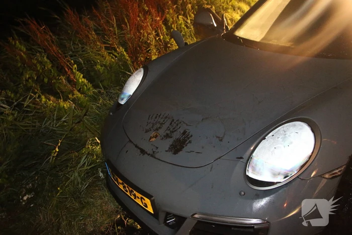 Peperdure Porsche belandt in de vaart na ontwijken van een dier