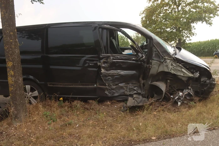 Bestelauto zwaar gehavend na botsing met meerdere bomen