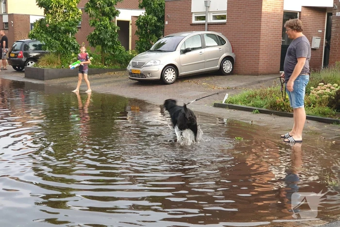 Jeugd vermaakt zich in ondergelopen straat