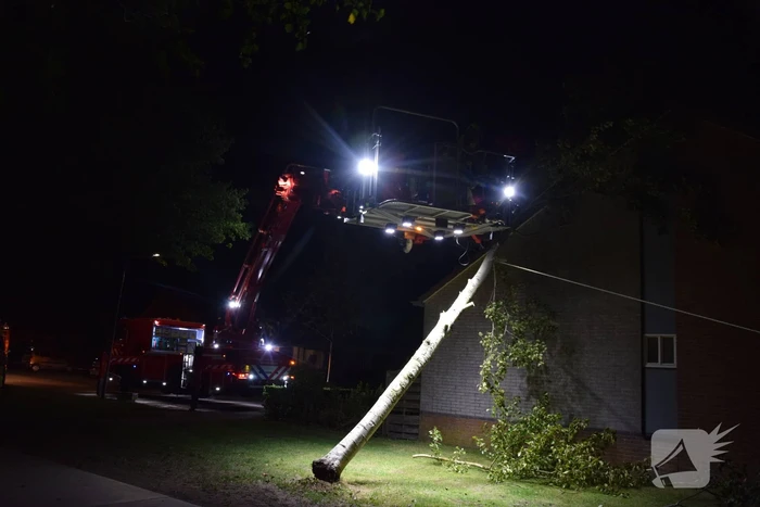 Boom waait om tegen woning