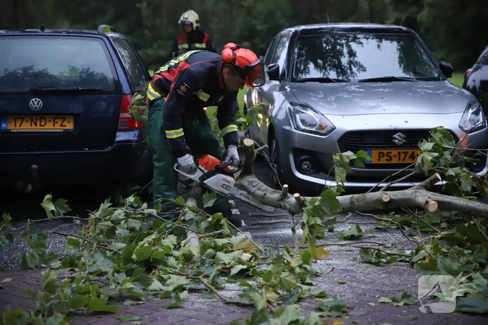 Grote tak breekt af belandt tussen twee auto's