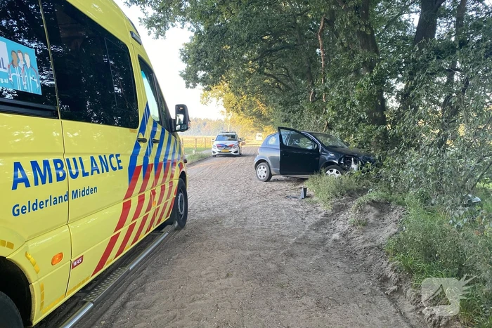 Auto raakt van zandpad en botst op boom