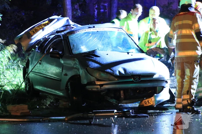 Auto slaat over de kop en raakt boom