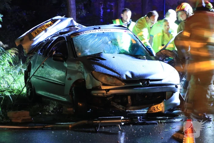 Auto slaat over de kop en raakt boom