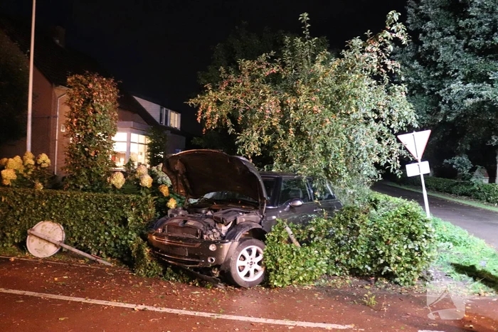 Auto rijdt heg in na botsing