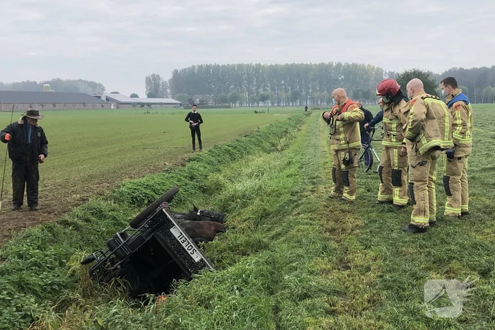 Paard en wagen valt in sloot