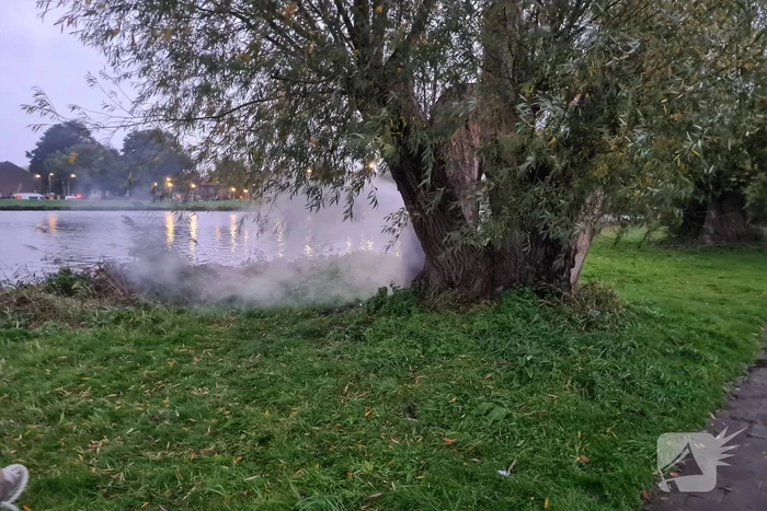 Brandweer blust brand in boom met emmer