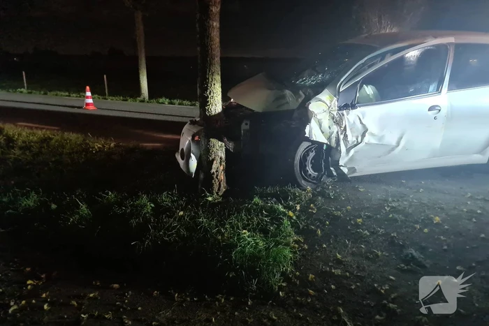 Auto rijdt tegen lantaarnpaal en komt tot stilstand tegen boom