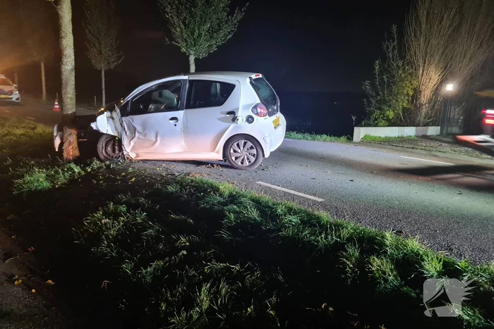 Auto rijdt tegen lantaarnpaal en komt tot stilstand tegen boom