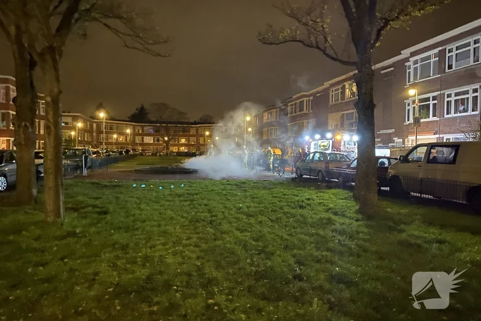 Afvalbrand in grote plantenbak