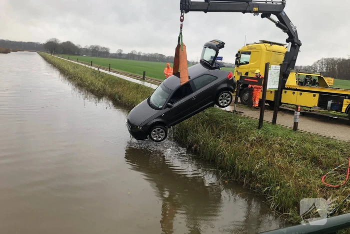 Auto vliegt uit de bocht belandt te water