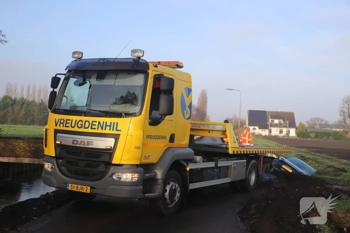 Geparkeerde auto glijdt sloot in