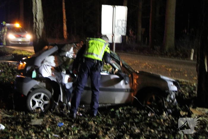 Auto knalt tegen lantaarnpaal en eindigt tegen een boom