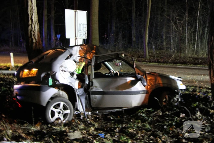 Auto knalt tegen lantaarnpaal en eindigt tegen een boom