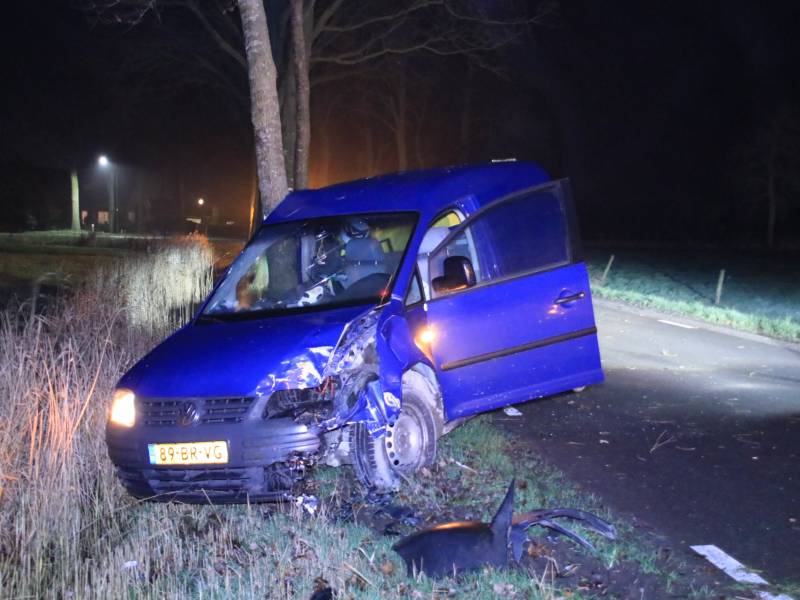 Bestelbus flink beschadigd na eenzijdige botsing tegen boom
