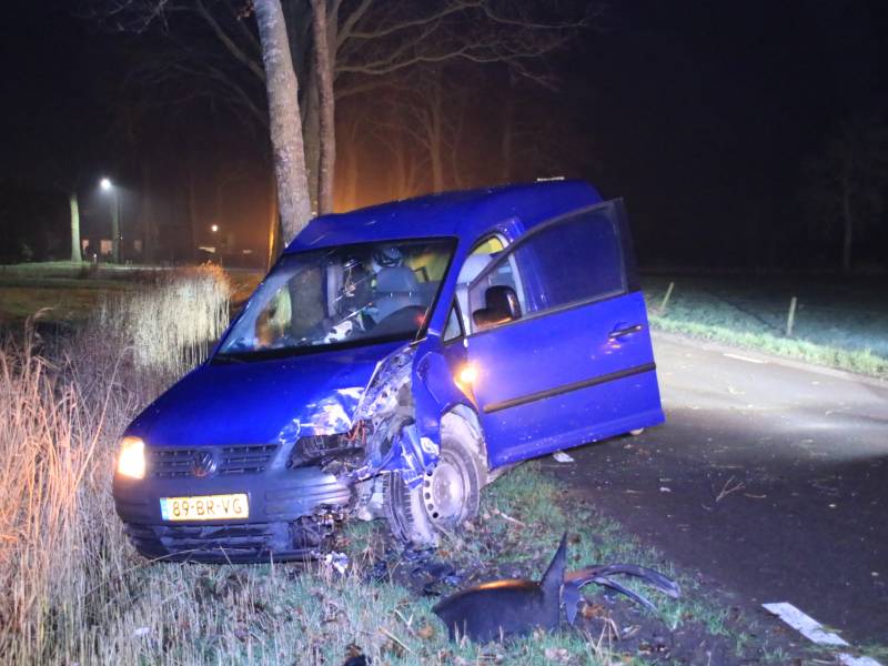 Bestelbus flink beschadigd na eenzijdige botsing tegen boom