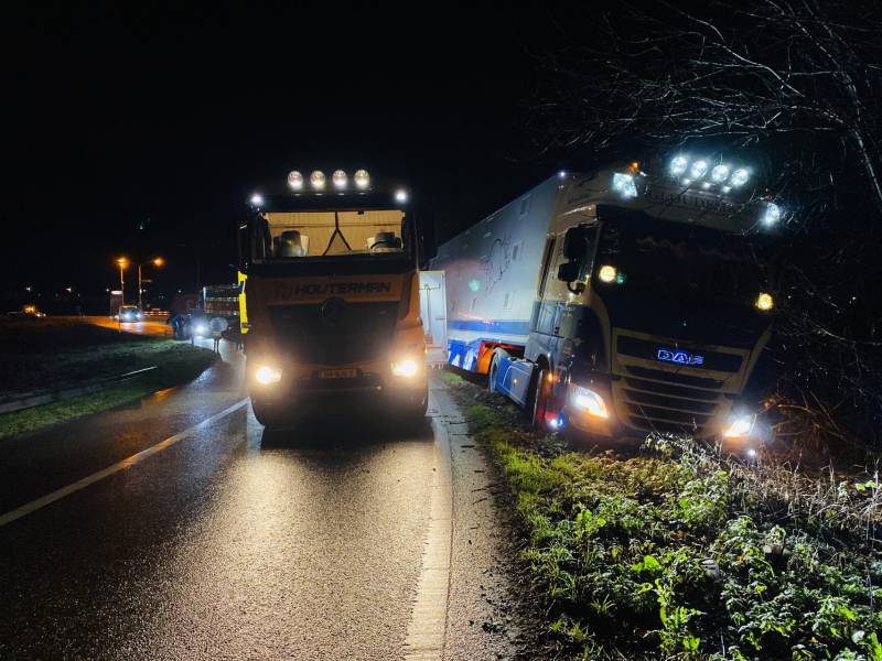 Vrachtwagen met varkens belandt naast de weg