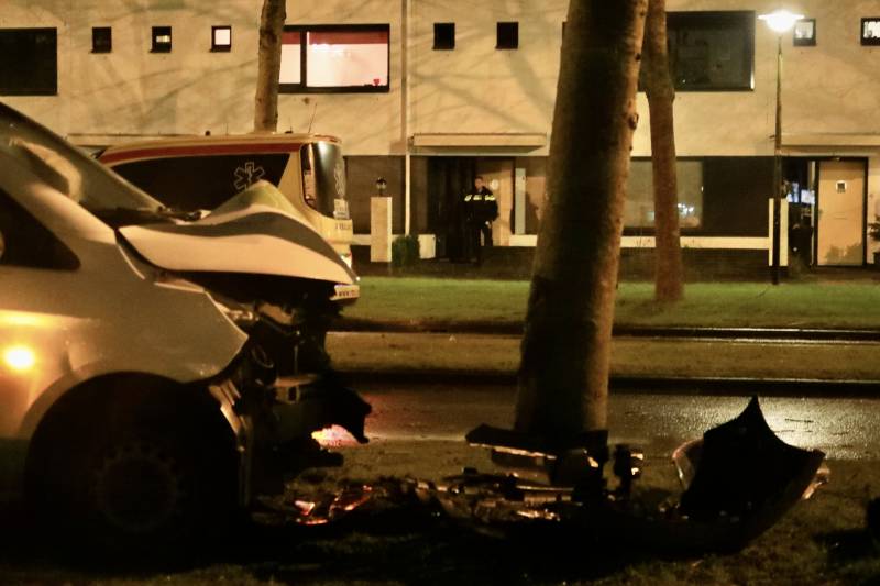 Bestelbus botst frontaal op boom