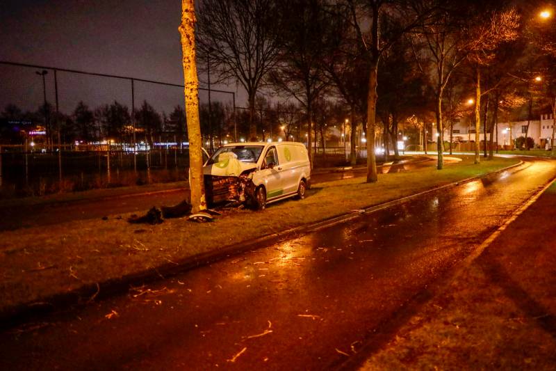 Bestelbus botst frontaal op boom