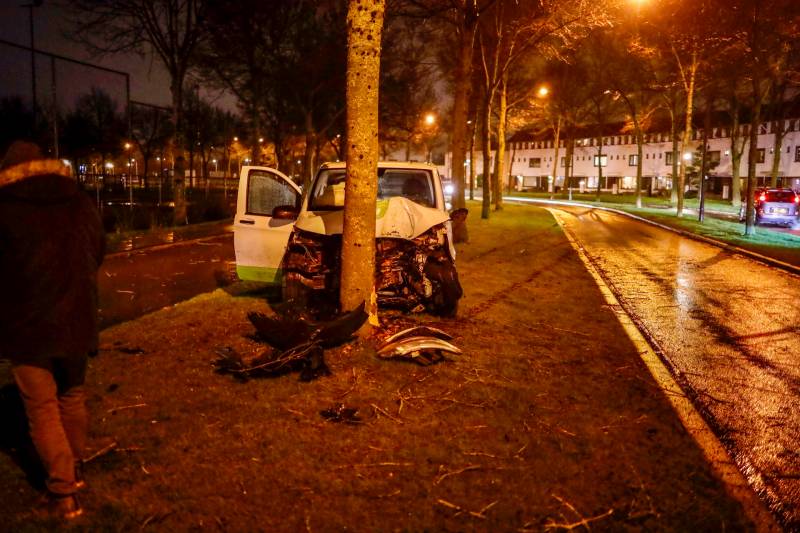 Bestelbus botst frontaal op boom