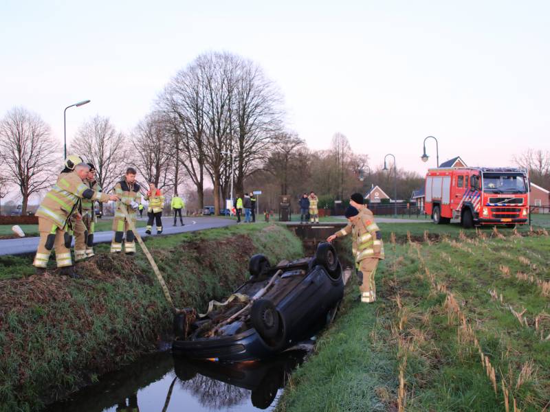 Auto belandt op de kop in sloot door spekgladde weg