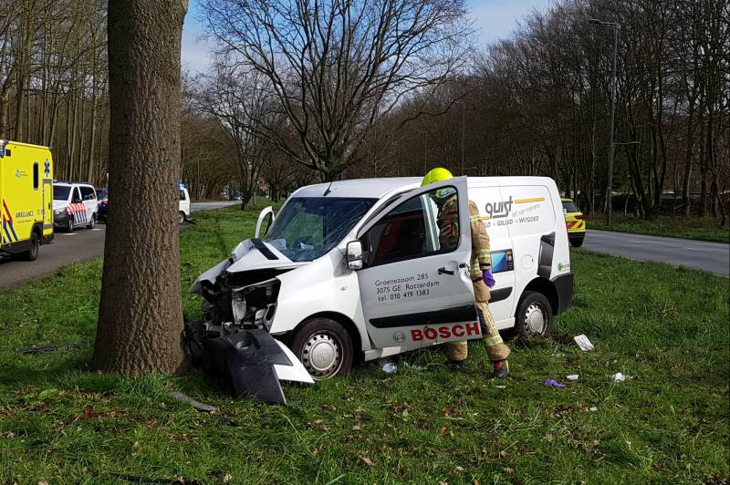Bestelbus raakt van de weg en belandt tegen een boom
