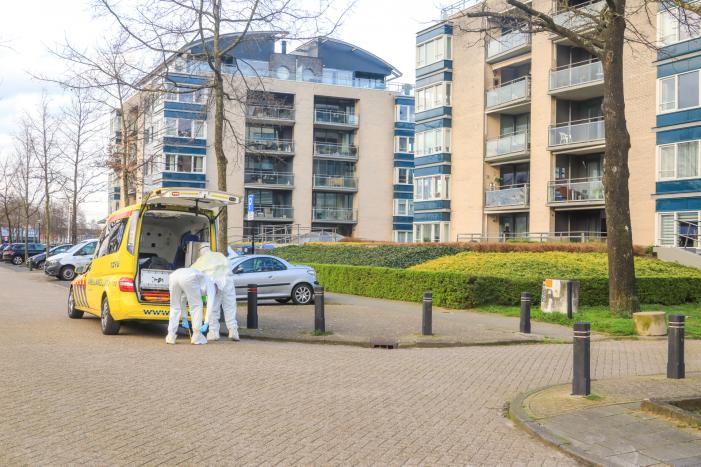 Mannen in witte pakken halen vermoedelijke coronapatiënt uit huis